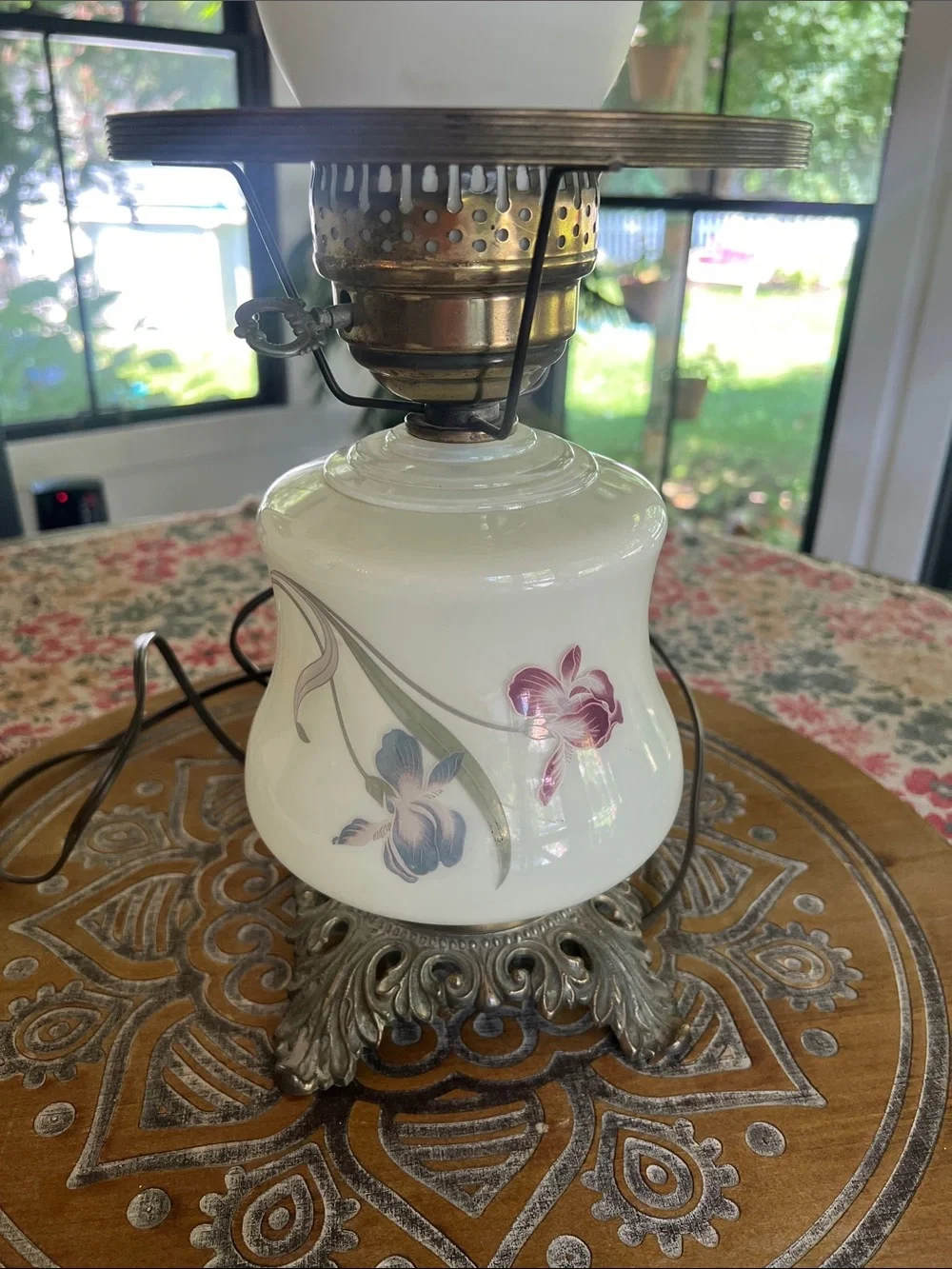 Milk Glass Vintage Hurricane Lamp – purple flowers. Nightstand or side table use